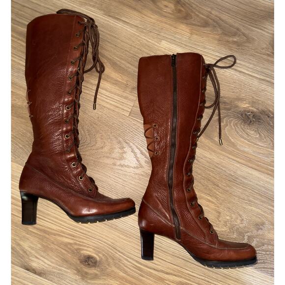 COLE HAAN Vintage Tall Knee High Zip Lace Up Boots - size 7 - Picture 1 of 15